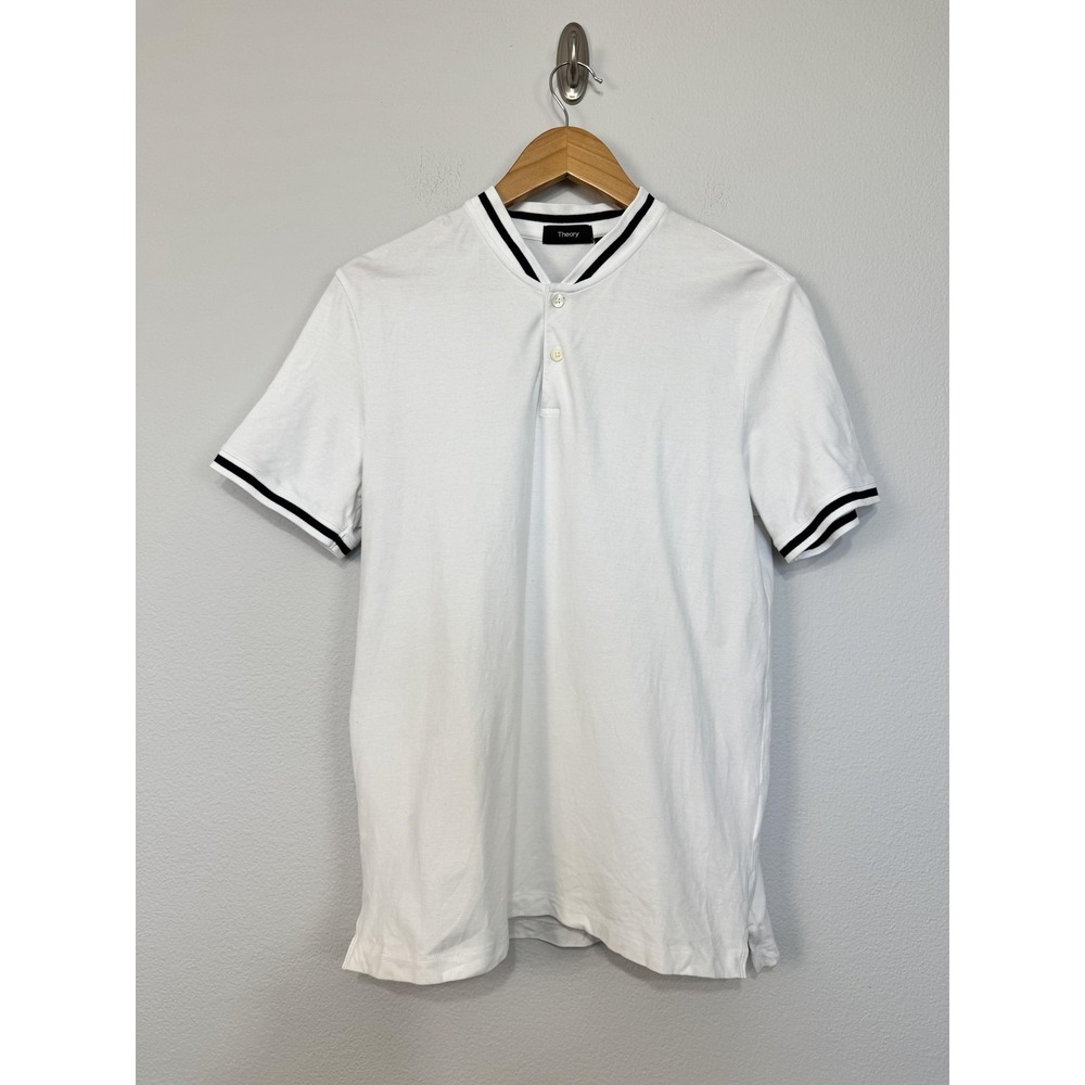 Theory Polo Shirt Mens Small White Cotton Pique Henley Contrast Trim Knit